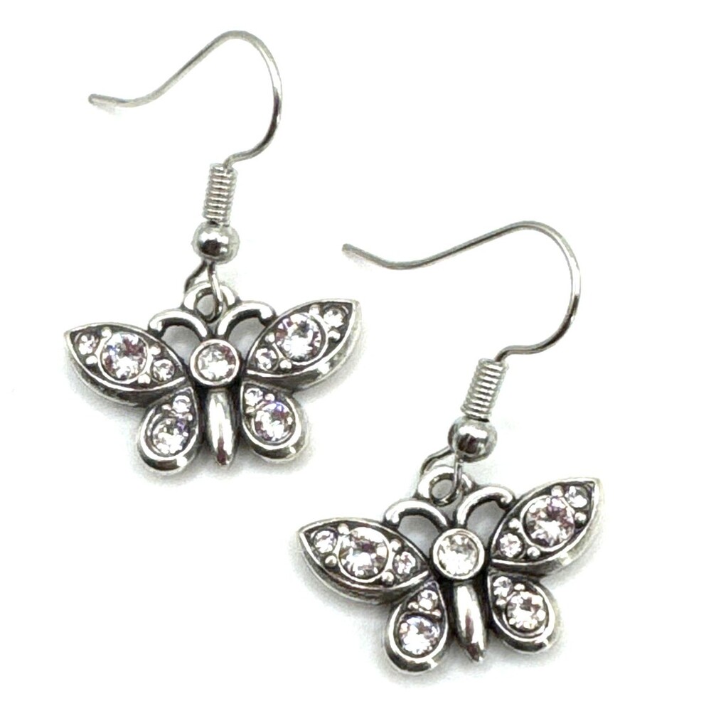 Brighton Botanique Butterfly White Crystals Silver Custom Dangle Earrings